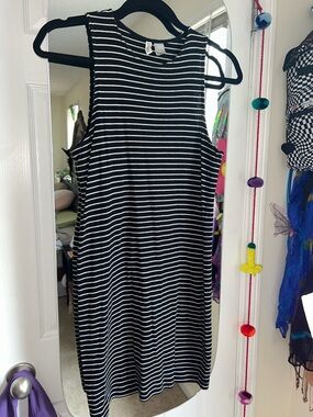 Divided Black & White Striped Sleeveless Midi Dress